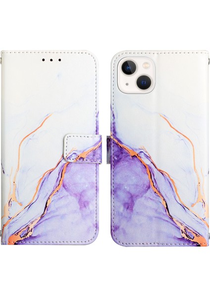 iPhone 13 Mini Için Mermer Desenli Pu Deri Cüzdan Telefon Kılıfı - Beyaz / Mor (Yurt Dışından) fırsatları