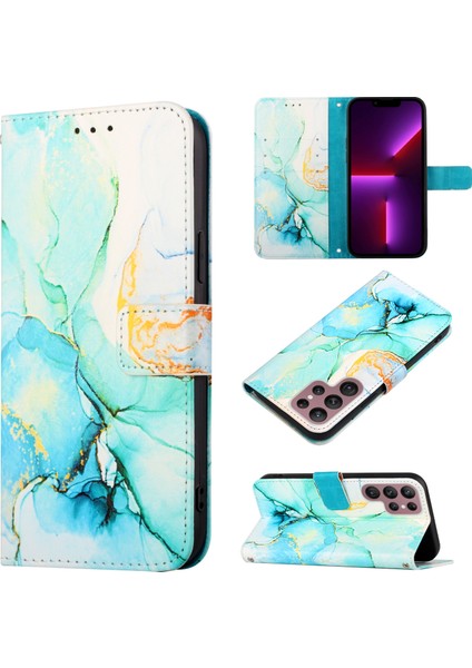 Galaxy S22 Ultra Için Mermer Desenli Pu Deri Cüzdan Telefon Kılıfı - Yeşil (Yurt Dışından)