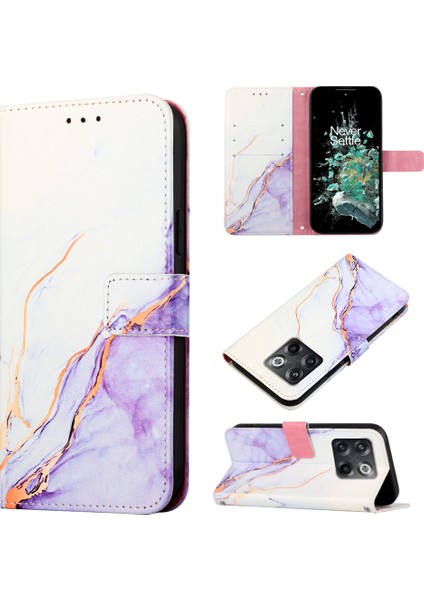 10T 5g Için Mermer Desenli Pu Deri Cüzdan Telefon Kılıfı - Beyaz / Mor (Yurt Dışından)
