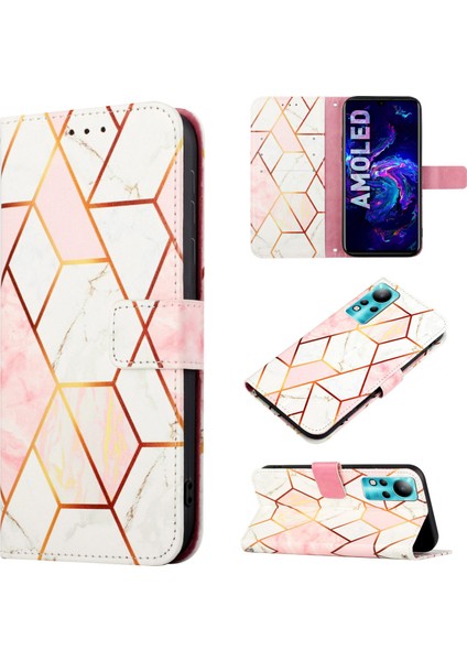 Note 12 / Note 11 Için Mermer Desenli Pu Deri Cüzdan Telefon Kılıfı - Pembe / Beyaz (Yurt Dışından)