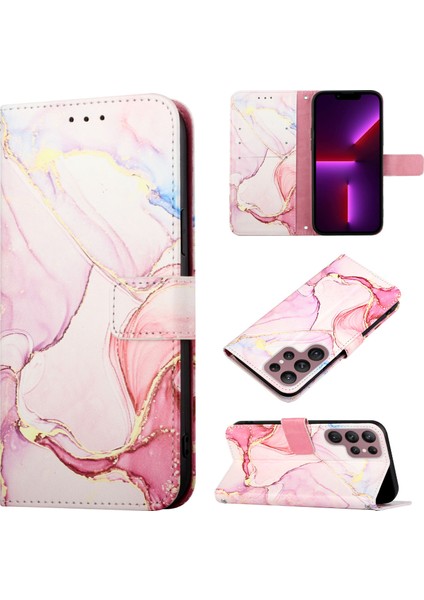 Galaxy S22 Ultra Için Mermer Desenli Pu Deri Cüzdan Telefon Kılıfı - Rose Gold (Yurt Dışından)