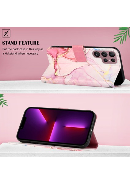 Galaxy S22 Ultra Için Mermer Desenli Pu Deri Cüzdan Telefon Kılıfı - Rose Gold (Yurt Dışından)