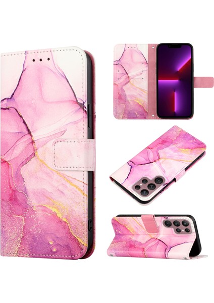 Galaxy S22 Ultra Için Mermer Desenli Pu Deri Cüzdan Telefon Kılıfı - Pembe (Yurt Dışından)