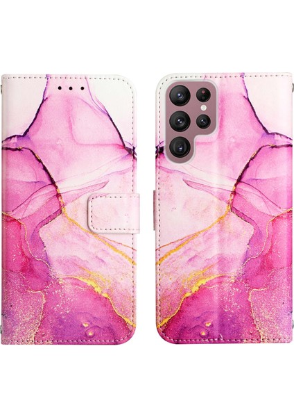 Galaxy S22 Ultra Için Mermer Desenli Pu Deri Cüzdan Telefon Kılıfı - Pembe (Yurt Dışından)