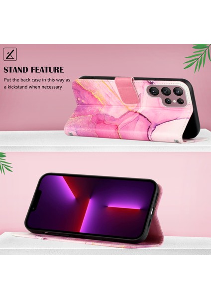 Galaxy S22 Ultra Için Mermer Desenli Pu Deri Cüzdan Telefon Kılıfı - Pembe (Yurt Dışından)