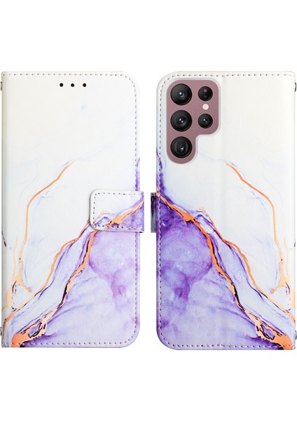 Galaxy S22 Ultra Için Mermer Desenli Pu Deri Cüzdan Telefon Kılıfı - Beyaz / Mor (Yurt Dışından)