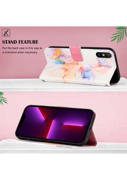 Redmi 9A Için Mermer Desenli Pu Deri Cüzdan Telefon Kılıfı - Renkli (Yurt Dışından)