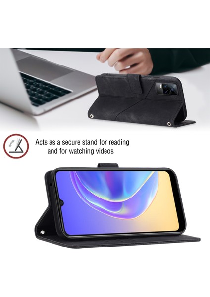 V20 V21E 4g Y73 2021 Için Deri Cüzdan Flip Stand Telefon Kılıfı - Siyah (Yurt Dışından)