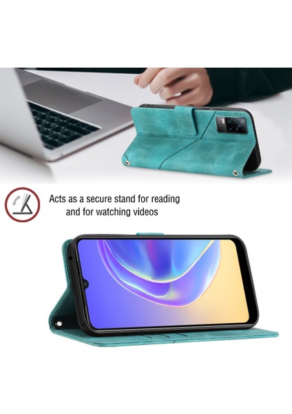 V20 V21E 4g Y73 2021 Için Deri Cüzdan Flip Stand Telefon Kılıfı - Yeşil (Yurt Dışından)