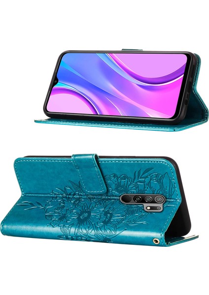 Redmi 9 / Poco M2 Için Kelebek Pu Deri Çevirmeli Cüzdan Stand Telefon Kılıfı - Mavi (Yurt Dışından)