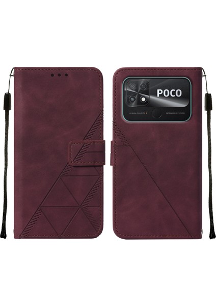 Poco C40 Için Kabartmalı Pu Deri Stand Cüzdan Telefon Kılıfı - Kırmızı (Yurt Dışından)
