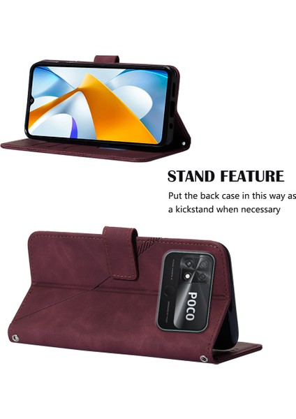 Poco C40 Için Kabartmalı Pu Deri Stand Cüzdan Telefon Kılıfı - Kırmızı (Yurt Dışından)