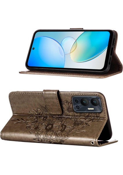 Hot 12 / X6817 Için Kelebek Pu Deri Çevirmeli Cüzdan Stand Telefon Kılıfı - Gri (Yurt Dışından)