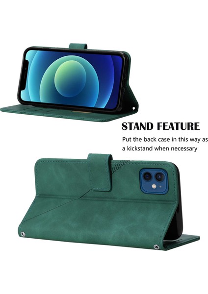 iPhone 12 Mini Için Kabartmalı Pu Deri Stand Cüzdan Telefon Kılıfı - Yeşil (Yurt Dışından)