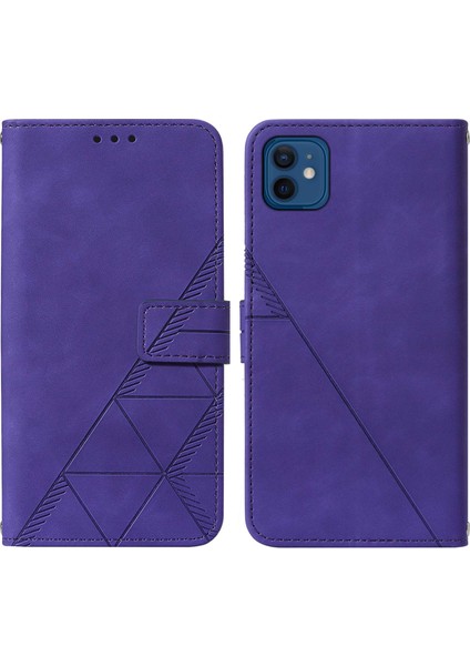 iPhone 12 Mini Için Kabartmalı Pu Deri Stand Cüzdan Telefon Kılıfı - Mor (Yurt Dışından)