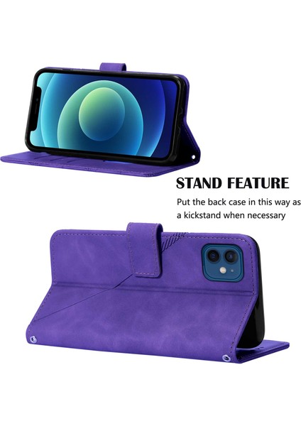 iPhone 12 Mini Için Kabartmalı Pu Deri Stand Cüzdan Telefon Kılıfı - Mor (Yurt Dışından)