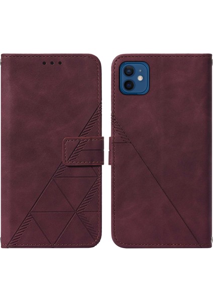 iPhone 12 Mini Için Kabartmalı Pu Deri Stand Cüzdan Telefon Kılıfı - Kırmızı (Yurt Dışından)