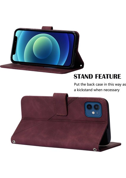 iPhone 12 Mini Için Kabartmalı Pu Deri Stand Cüzdan Telefon Kılıfı - Kırmızı (Yurt Dışından)