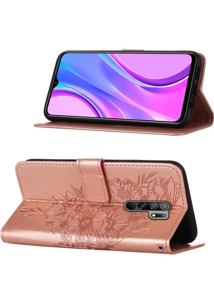 Redmi 9 / Poco M2 Için Kelebek Pu Deri Çevirmeli Cüzdan Stand Telefon Kılıfı - Rose Gold (Yurt Dışından)