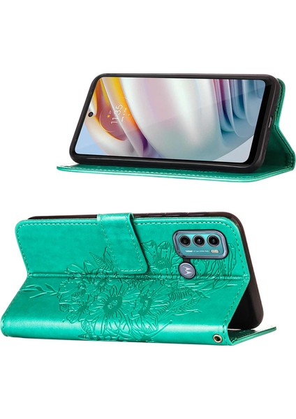 Moto G40 / G60 Için Kelebek Pu Deri Çevirmeli Cüzdan Stand Telefon Kılıfı - Yeşil (Yurt Dışından)