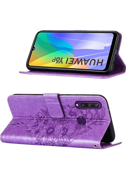 Huawei Y6P Için Kelebek Pu Deri Çevirmeli Cüzdan Stand Telefon Kılıfı - Açık Mor (Yurt Dışından)