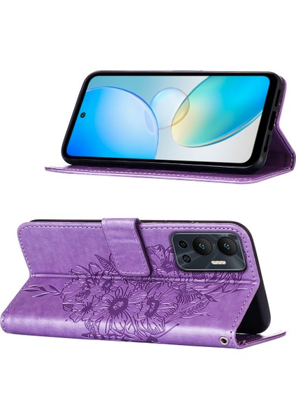 Hot 12 / X6817 Için Kelebek Pu Deri Çevirmeli Cüzdan Stand Telefon Kılıfı - Açık Mor (Yurt Dışından)