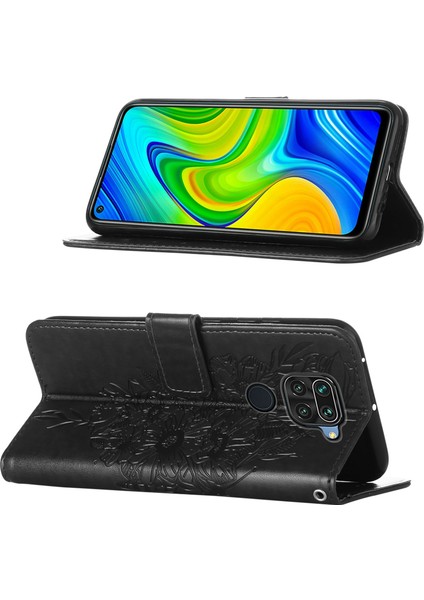 Redmi Note 9 Için Kelebek Pu Deri Çevirmeli Cüzdan Stand Telefon Kılıfı - Siyah (Yurt Dışından)