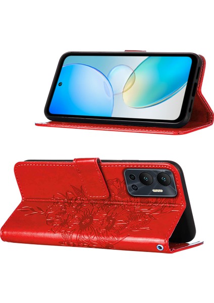 Hot 12 / X6817 Için Kelebek Pu Deri Çevirmeli Cüzdan Stand Telefon Kılıfı - Kırmızı (Yurt Dışından)