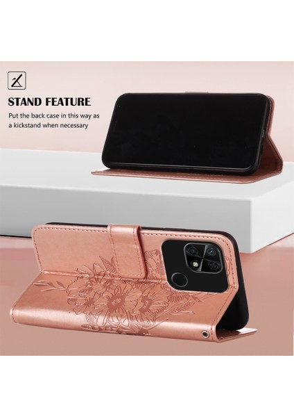 Redmi 10C Için Kelebek Pu Deri Çevirmeli Cüzdan Stand Telefon Kılıfı - Rose Gold (Yurt Dışından)