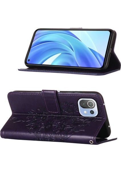 Mi 11 Lite Için Kelebek Pu Deri Çevirmeli Cüzdan Stand Telefon Kılıfı - Mor (Yurt Dışından)