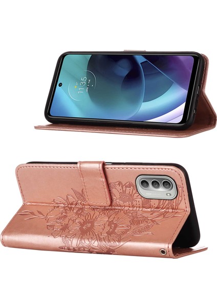 Moto G51 5g Için Kelebek Pu Deri Çevirmeli Cüzdan Stand Telefon Kılıfı - Rose Gold (Yurt Dışından)