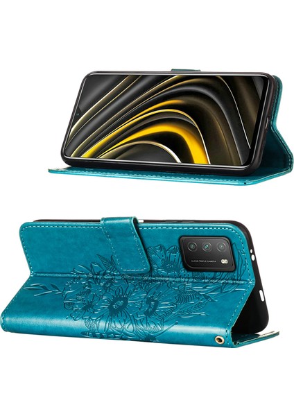 Poco M3 / Redmi 9t / 9 Power Için Kelebek Pu Deri Çevirmeli Cüzdan Stand Telefon Kılıfı - Mavi (Yurt Dışından)