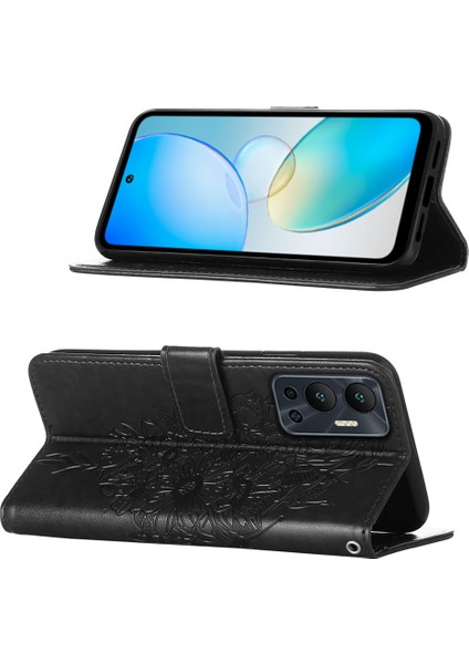 Hot 12 / X6817 Için Kelebek Pu Deri Çevirmeli Cüzdan Stand Telefon Kılıfı - Siyah (Yurt Dışından)