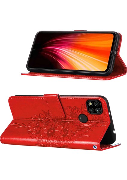 Redmi 9c / Poco C3 Için Kelebek Pu Deri Çevirmeli Cüzdan Stand Telefon Kılıfı - Kırmızı (Yurt Dışından)