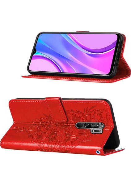 Redmi 9 / Poco M2 Için Kelebek Pu Deri Çevirmeli Cüzdan Stand Telefon Kılıfı - Kırmızı (Yurt Dışından)