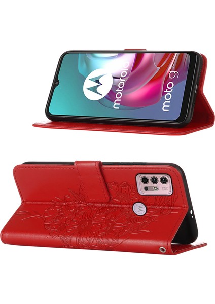 Moto G30 / G10 / G10 Power Için Kelebek Pu Deri Çevirmeli Cüzdan Stand Telefon Kılıfı - Kırmızı (Yurt Dışından)