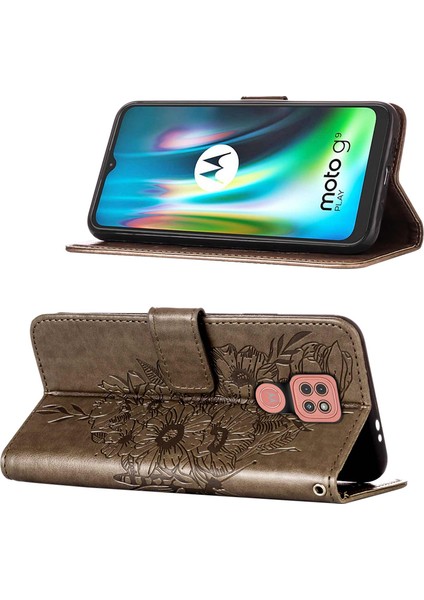 Moto G9 / G9 Play / E7 Plus Için Kelebek Pu Deri Çevirmeli Cüzdan Stand Telefon Kılıfı - Gri (Yurt Dışından)