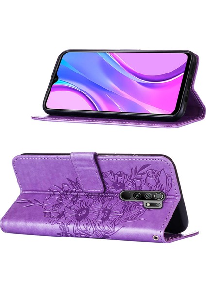 Redmi 9 / Poco M2 Için Kelebek Pu Deri Çevirmeli Cüzdan Stand Telefon Kılıfı - Açık Mor (Yurt Dışından)