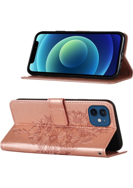 iPhone 12 Mini Için Kelebek Pu Deri Çevirmeli Cüzdan Stand Telefon Kılıfı - Rose Gold (Yurt Dışından)