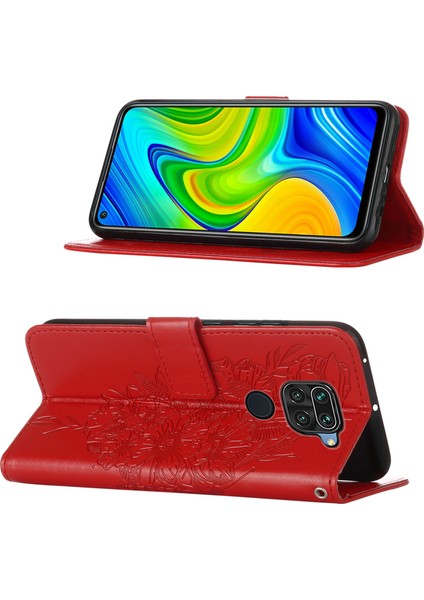 Redmi Note 9 Için Kelebek Pu Deri Çevirmeli Cüzdan Stand Telefon Kılıfı - Kırmızı (Yurt Dışından)