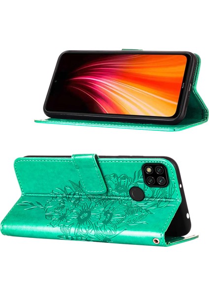 Redmi 9c / Poco C3 Için Kelebek Pu Deri Çevirmeli Cüzdan Stand Telefon Kılıfı - Yeşil (Yurt Dışından)