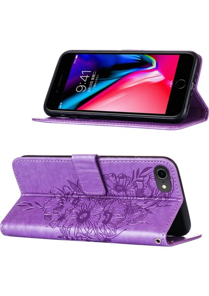 iPhone Se 2020 / 8 / 7 / 6s / 6 Için Kelebek Pu Deri Çevirmeli Cüzdan Stand Telefon Kılıfı - Açık Mor (Yurt Dışından)