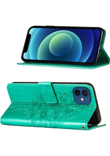 iPhone 12 Mini Için Kelebek Pu Deri Çevirmeli Cüzdan Stand Telefon Kılıfı - Yeşil (Yurt Dışından)