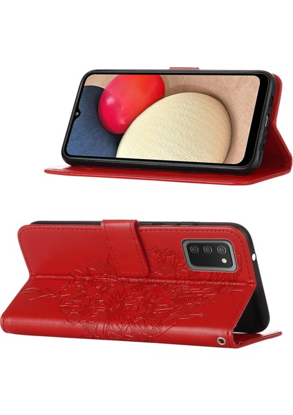 Galaxy A02S Için Kelebek Pu Deri Çevirmeli Cüzdan Stand Telefon Kılıfı - Kırmızı (Yurt Dışından)