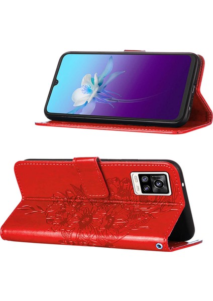 V20 / V21E 4g / Y73 2021 Için Kelebek Pu Deri Çevirmeli Cüzdan Stand Telefon Kılıfı - Kırmızı (Yurt Dışından)