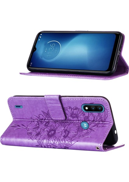Moto E7 Power Için Kelebek Pu Deri Çevirmeli Cüzdan Stand Telefon Kılıfı - Açık Mor (Yurt Dışından)
