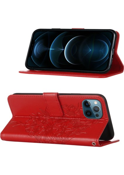 iPhone 12 Pro Için Kelebek Pu Deri Çevirmeli Cüzdan Stand Telefon Kılıfı - Kırmızı (Yurt Dışından)