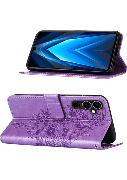 Pova Neo 2 Için Kelebek Pu Deri Çevirmeli Cüzdan Stand Telefon Kılıfı - Açık Mor (Yurt Dışından)