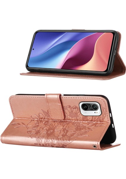 11I / Poco F3 / Redmi K40 / K40 Pro Için Kelebek Pu Deri Çevirmeli Cüzdan Stand Telefon Kılıfı - Rose Gold (Yurt Dışından)