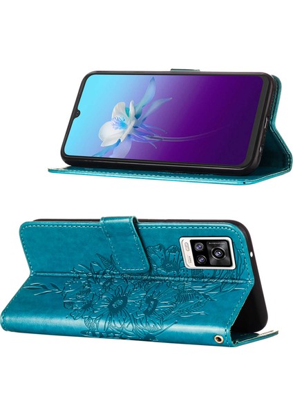 V20 / V21E 4g / Y73 2021 Için Kelebek Pu Deri Çevirmeli Cüzdan Stand Telefon Kılıfı - Mavi (Yurt Dışından)